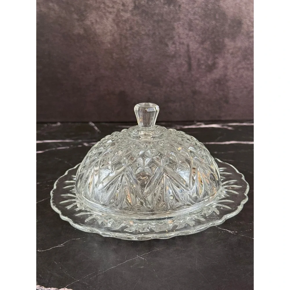 VTG Anchor Hocking Cut Glass 6 3/4in Round Butter Dish with Lid